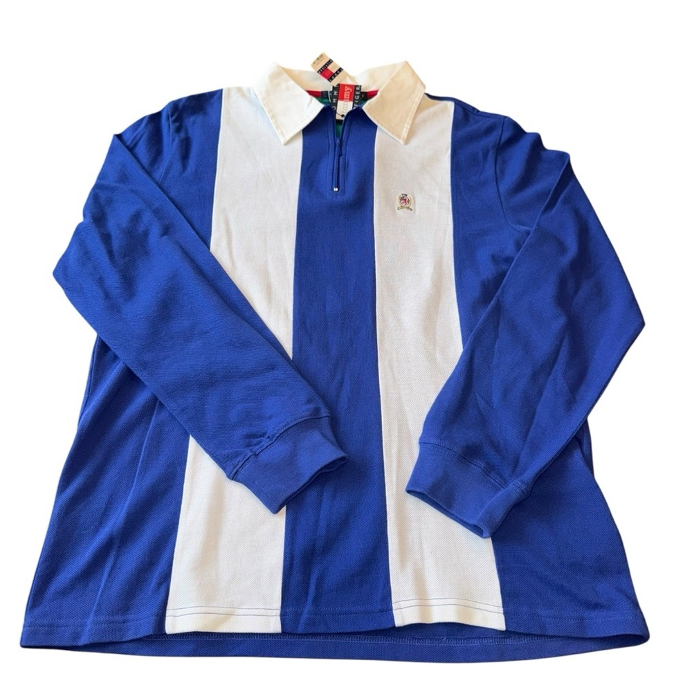 Tommy Hilfiger women’s medium rugby polo blue white stripe long sleeve NWT